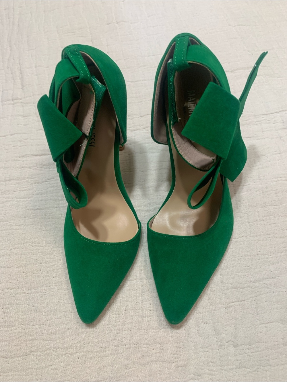 Maiernisi Jessi Green Suede Pointed-Toe Ankle Bow High Heel Pumps